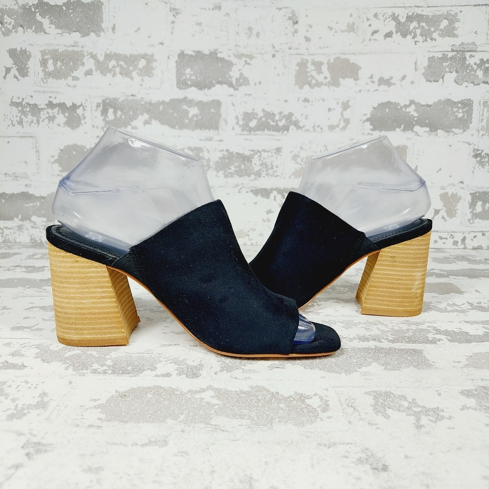 New Black Suede Block Heel Open Toe Mules